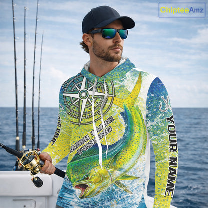 Personalized Mahi Mahi Fishing Shirts Green Scales Compass Performance Tournament Mahi Mahi Jerseys NQS11441