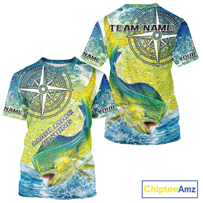 Personalized Mahi Mahi Fishing Shirts Green Scales Compass Performance Tournament Mahi Mahi Jerseys NQS11441