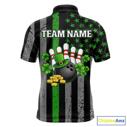 Custom Black Grunge US Flag Patriotic Bowling Shirt For Men Green Shamrock St Patrick Team Jersey NQS11447