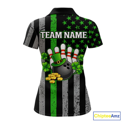 Custom Black Grunge US Flag Patriotic Bowling Shirt For Women Green Shamrock St Patrick Team Jersey NQS11447