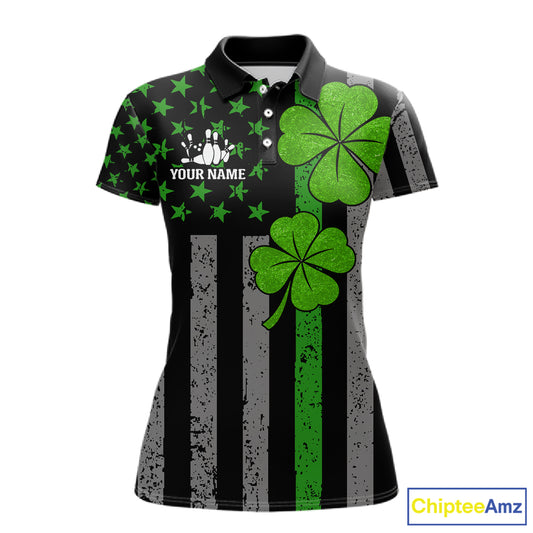Custom Black Grunge US Flag Patriotic Bowling Shirt For Women Green Shamrock St Patrick Team Jersey NQS11447