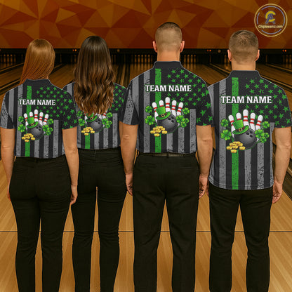 Custom Black Grunge US Flag Patriotic Bowling Shirt For Men Green Shamrock St Patrick Team Jersey NQS11447