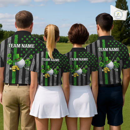 Custom Black Grunge US Flag Patriotic Golf Polo shirt for Women Green Shamrock St Patrick Team Jersey NQS11448