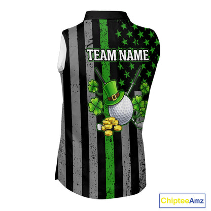Custom Black Grunge US Flag Patriotic Sleeveless Polo shirts Green Shamrock St Patrick Golf Jersey NQS11448