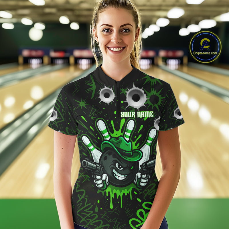 Funny Black and Green Bowling Cowboy gun Women bowling polo, 1/4 zip shirt Custom bowling team jersey NQS10658