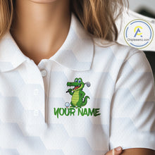Load image into Gallery viewer, White and Green Funny Alligator Golf Polo Shirts For Women custom ladies golf outfit, golfing gifts NQS10886