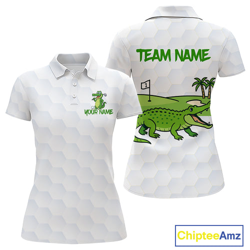 White and Green Funny Alligator Golf Polo Shirts For Women custom ladies golf outfit, golfing gifts NQS10886