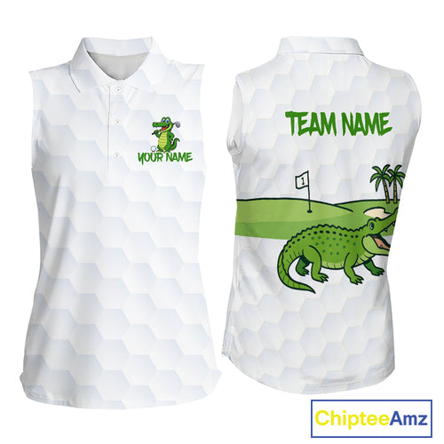 White and Green Funny Alligator Sleeveless Golf Polo Shirt custom ladies golf outfit, golfing gifts NQS10886