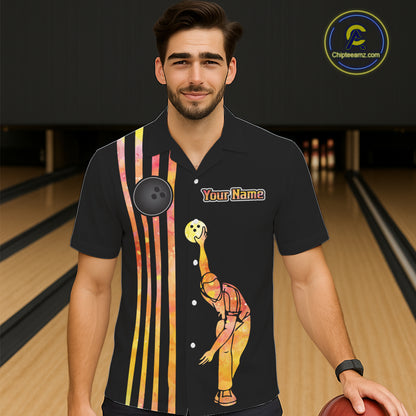 Personalized Watercolor Stripes Retro Bowling Team Hawaiian Shirts, Black Bowling Attire For Team NQS11652