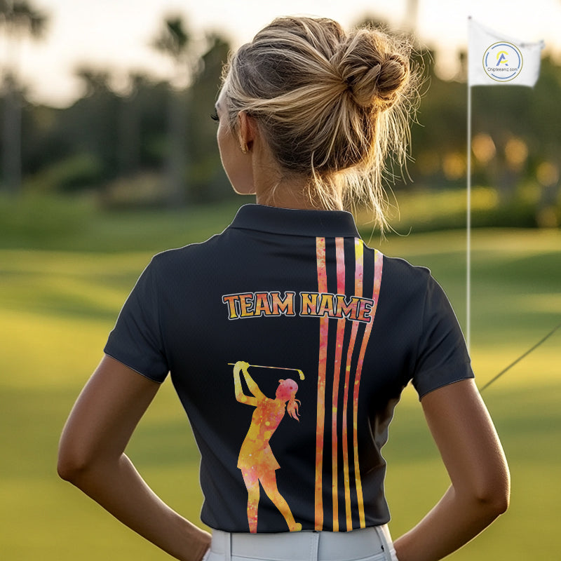 Personalized Watercolor Stripes Golf Polo Shirts For Women, Black Team Ladies Golf Attire NQS11651