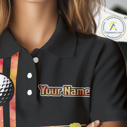 Personalized Watercolor Stripes Golf Polo Shirts For Women, Black Team Ladies Golf Attire NQS11651