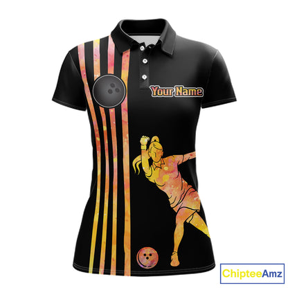 Personalized Watercolor Stripes Retro Bowling Team Shirts For Women, Black Bowling Attire For Ladies NQS11652