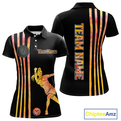 Personalized Watercolor Stripes Retro Bowling Team Shirts For Women, Black Bowling Attire For Ladies NQS11652