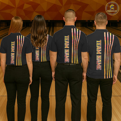Personalized Watercolor Stripes Retro Bowling Team Shirts For Women, Black Bowling Attire For Ladies NQS11652
