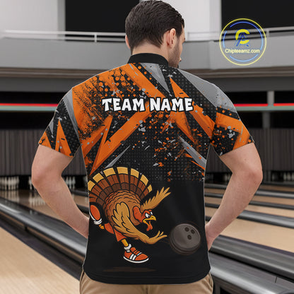 Custom Funny Turkey Bowling Jersey Black and Orange Thanksgiving Bowling Team Men Polo, 1/4 Zip Shirt NQS10671