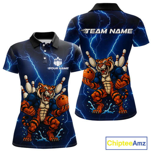 Personalized Tiger Bowling Team Shirts For Women, Blue Lightning Thunder Tiger Bowling Jerseys NQS11062
