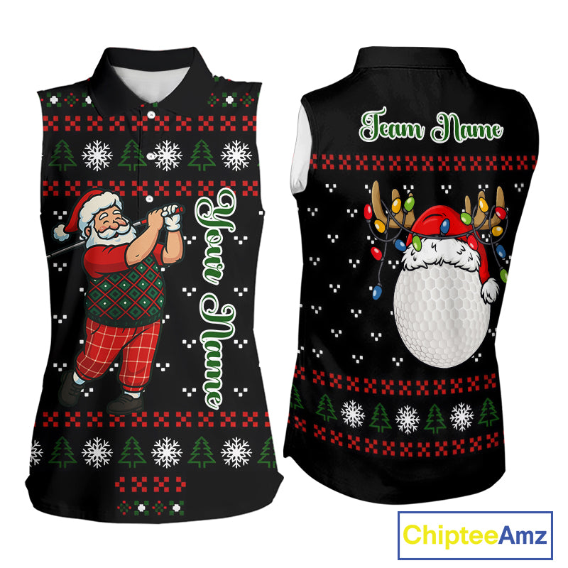 Funny Ugly Christmas pattern Santa Sleeveless Polo Shirt Custom best Ladies golf wear golf gifts NQS11067