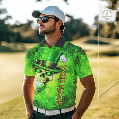 Funny Skull green shamrock pattern Golf Polo Shirts For Men Custom St Patrick's Day mens golf tops NQS11662