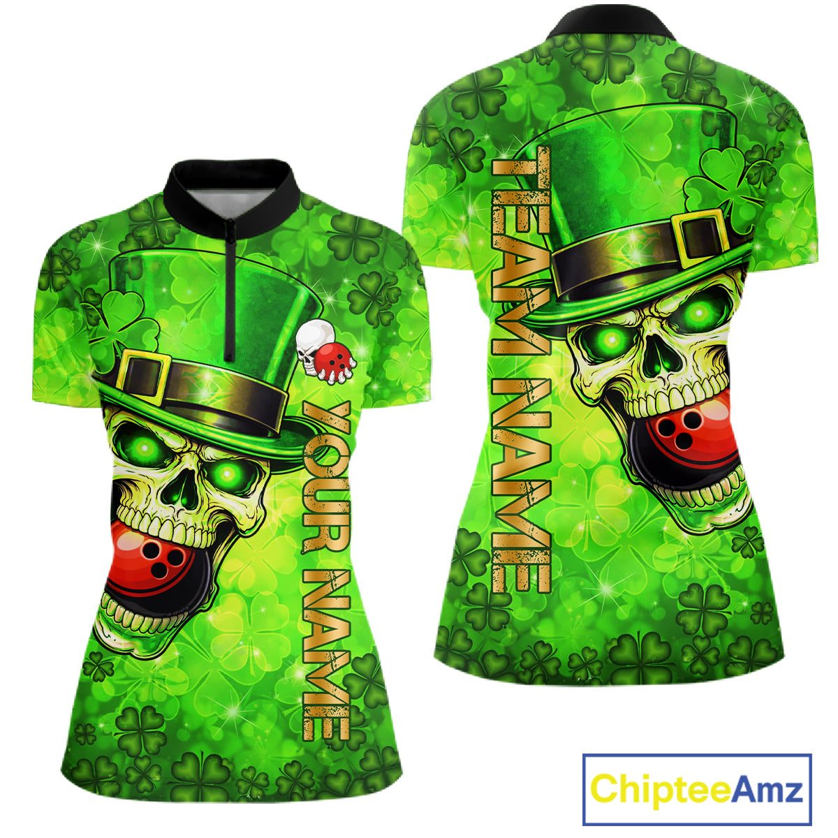 Funny Skull green shamrock pattern Bowling Shirt For Women Custom St Patrick Day team bowling jerseys NQS11663