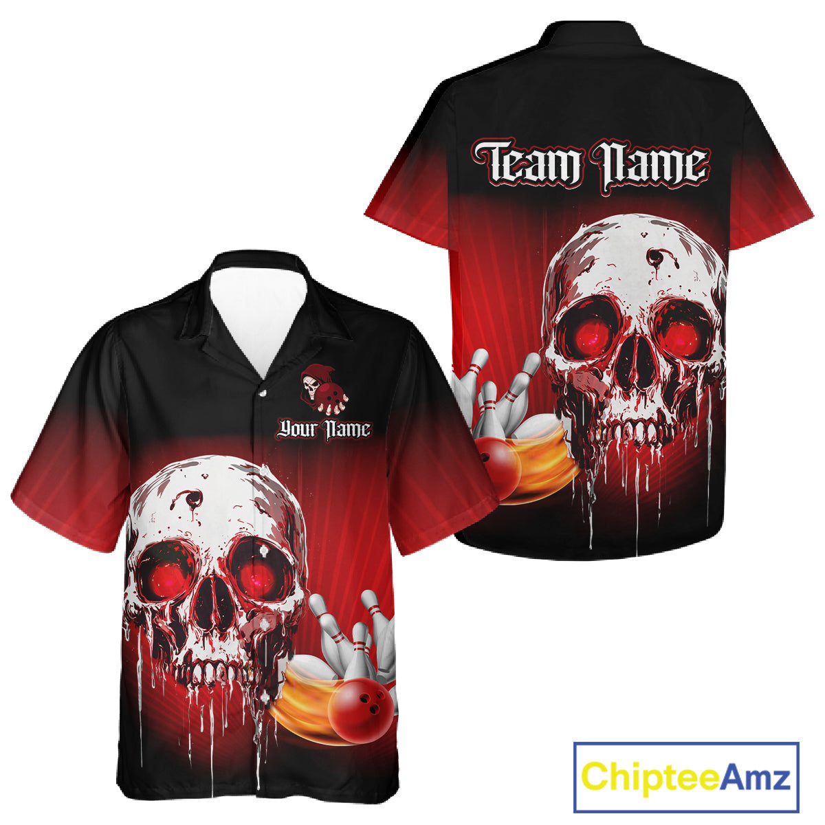 Black & Red Skull Bowling Hawaiian shirt Custom team bowling jerseys, Gift for bowler NQS11480