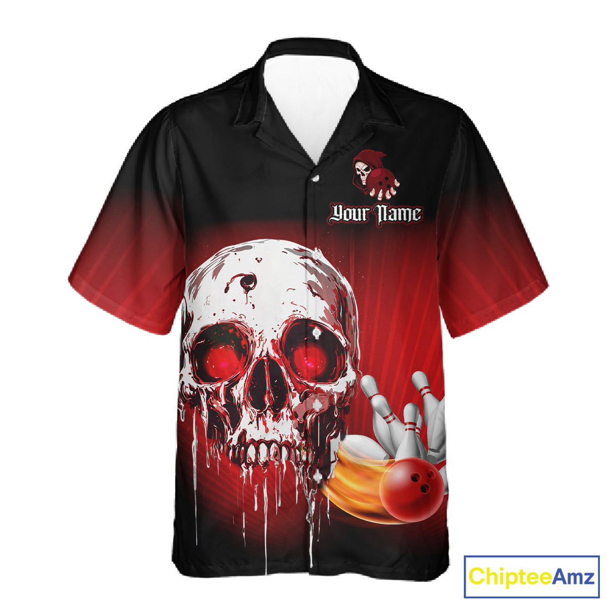 Black & Red Skull Bowling Hawaiian shirt Custom team bowling jerseys, Gift for bowler NQS11480
