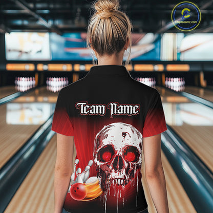 Black & Red Skull Bowling Polo, 1/4 zip shirts for Women Custom team bowling jerseys, Gift for bowler NQS11480