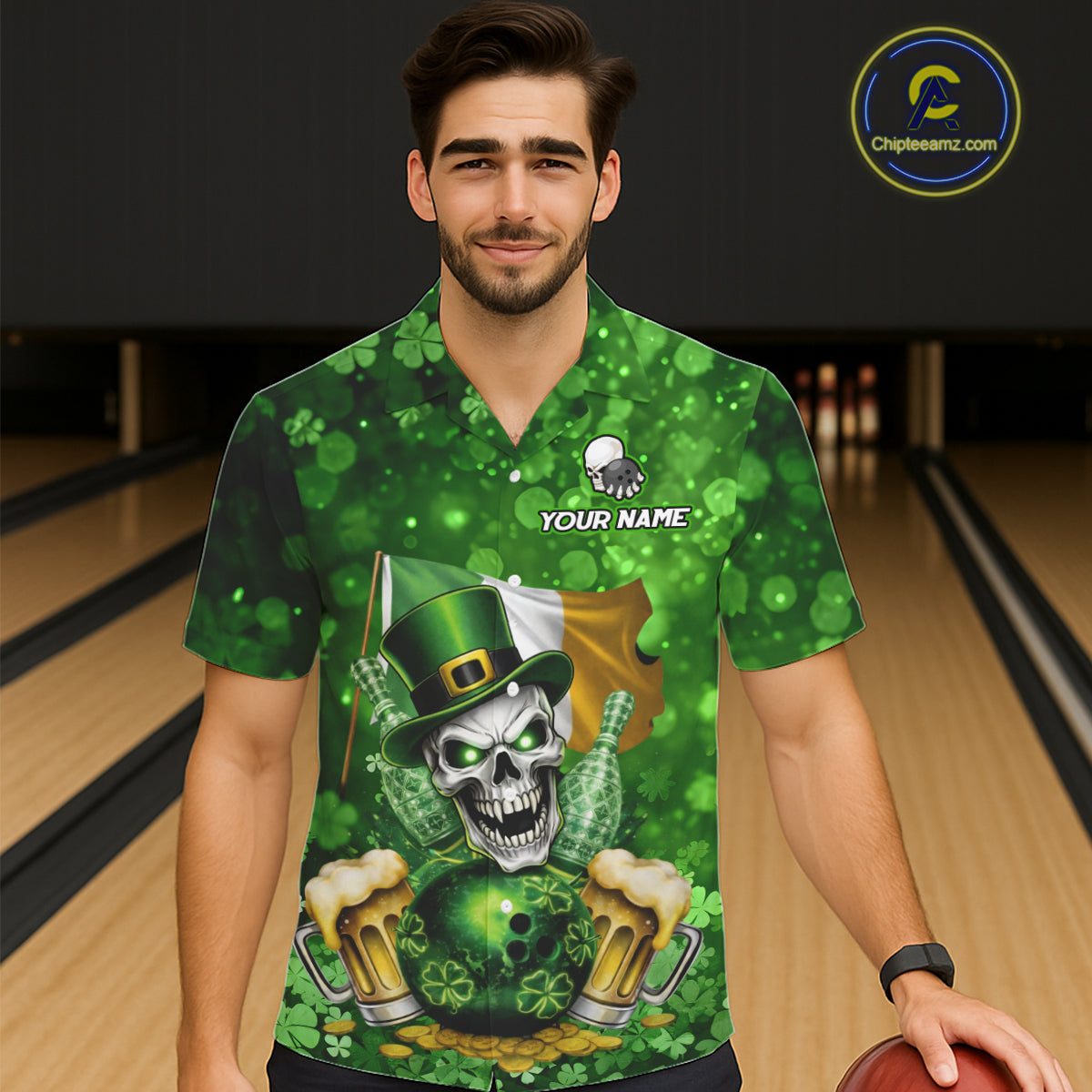 Custom Funny Skull Bowling and Beer Ireland Flag Green St Patrick Team Bowling Hawaiian shirts NQS11484