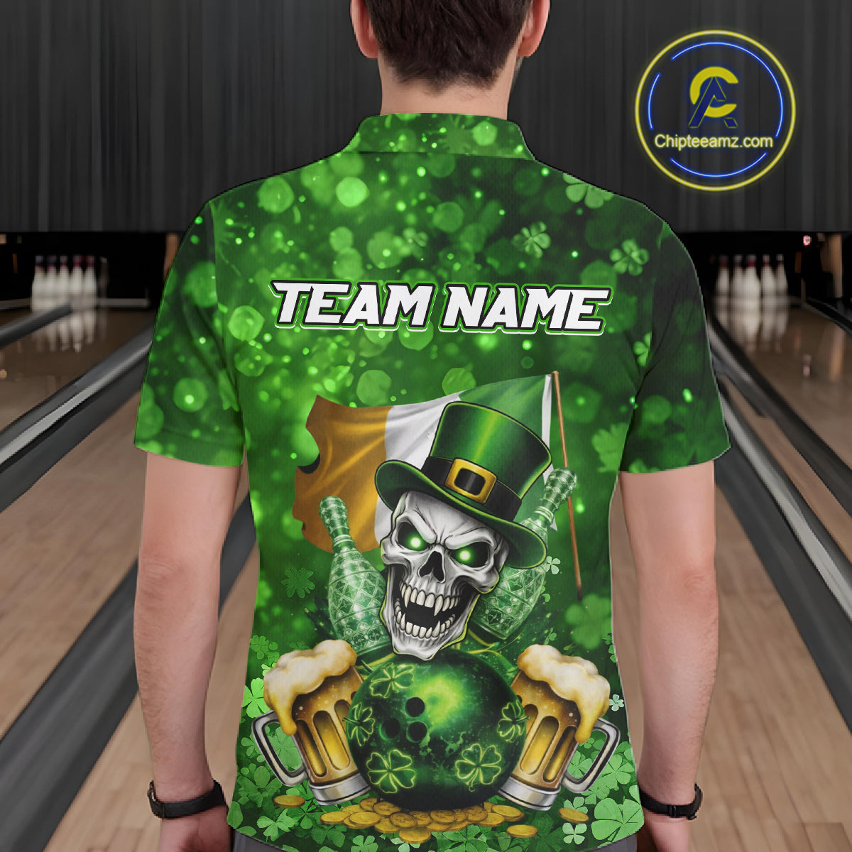 Custom Funny Skull Bowling and Beer Ireland Flag Green St Patrick Team Bowling Jerseys For Men NQS11484
