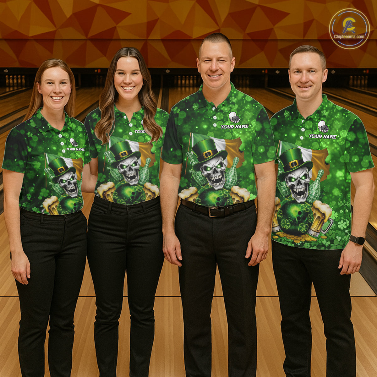 Custom Funny Skull Bowling and Beer Ireland Flag Green St Patrick Team Bowling Jerseys For Women NQS11484