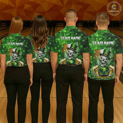 Custom Funny Skull Bowling and Beer Ireland Flag Green St Patrick Team Bowling Jerseys For Women NQS11484