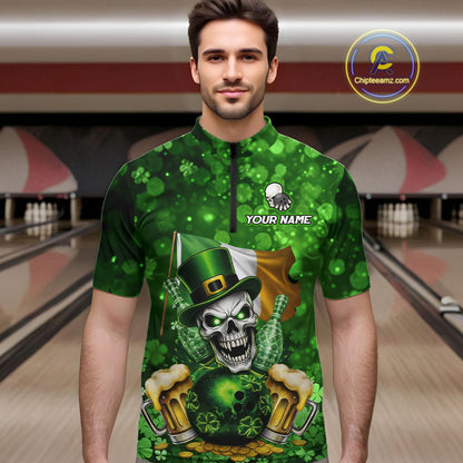 Custom Funny Skull Bowling and Beer Ireland Flag Green St Patrick Team Bowling Jerseys For Men NQS11484