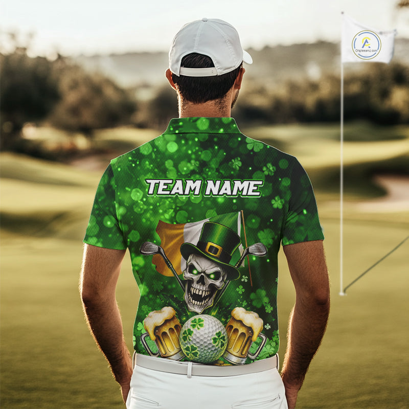 Custom Funny Skull Golf and Beer Ireland Flag Green St Patrick Team Polo shirts for Men, golfing gift NQS11485