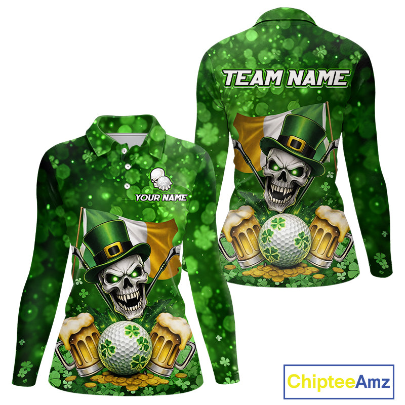 Custom Funny Skull Golf and Beer Ireland Flag Green St Patrick Team Golf Polo shirts for Women NQS11485