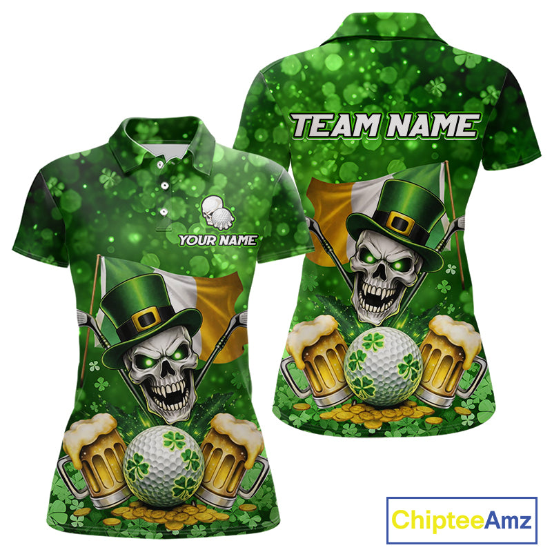 Custom Funny Skull Golf and Beer Ireland Flag Green St Patrick Team Golf Polo shirts for Women NQS11485