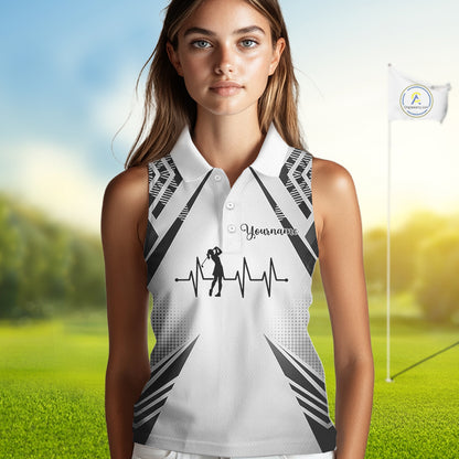 Black & White Golf Heartbeat US Flag Sleeveless Golf Polo Shirt Custom Patriotic ladies golf attire NQS11754