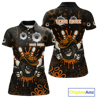 Funny Black & Orange Bowling Cowboy gun Women bowling polo, 1/4 zip shirt Custom bowling team jersey NQS10688