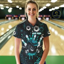 Load image into Gallery viewer, Black and Cyan Blue Bowling Cowboy gun Women bowling polo, 1/4 zip shirt Custom bowling team jersey NQS10689