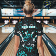 Load image into Gallery viewer, Black and Cyan Blue Bowling Cowboy gun Women bowling polo, 1/4 zip shirt Custom bowling team jersey NQS10689