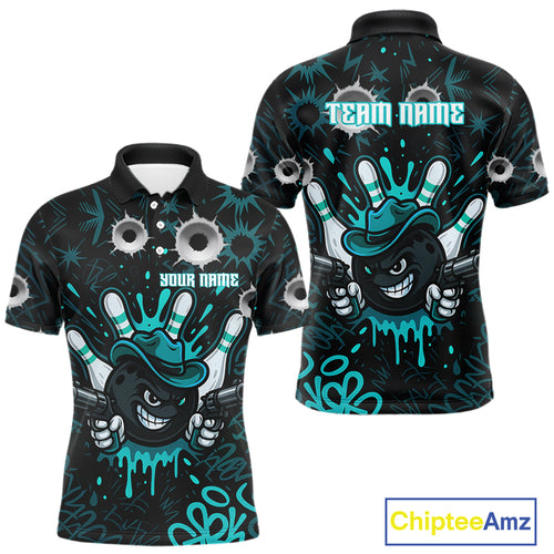 Black and Cyan Blue Bowling Cowboy gun Men bowling polo, 1/4 zip shirts Custom bowling team jersey NQS10689