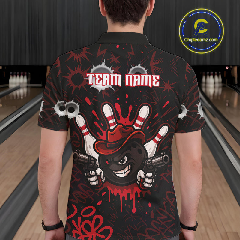 Funny Black and Red Bowling Cowboy gun Men bowling polo, 1/4 zip shirts Custom bowling team jersey NQS10690