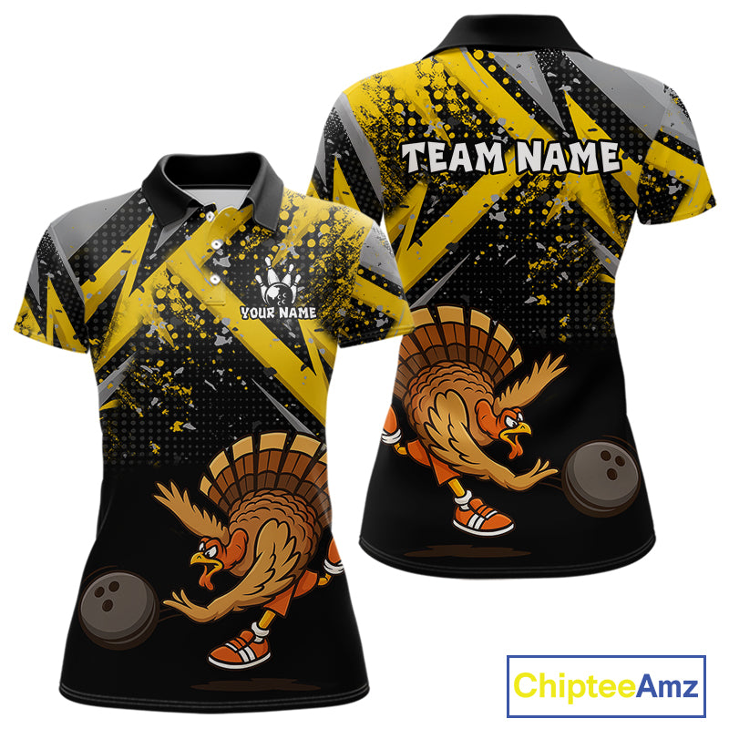 Custom Funny Turkey Bowling Jersey Black & Yellow Thanksgiving Bowling Team Women Polo, 1/4 Zip Shirt NQS10900