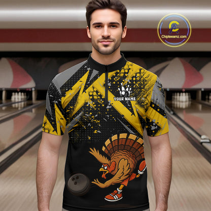 Custom Funny Turkey Bowling Jersey Black and Yellow Thanksgiving Bowling Team Men Polo, 1/4 Zip Shirt NQS10900