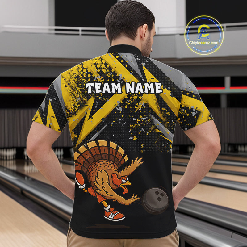 Custom Funny Turkey Bowling Jersey Black and Yellow Thanksgiving Bowling Team Men Polo, 1/4 Zip Shirt NQS10900