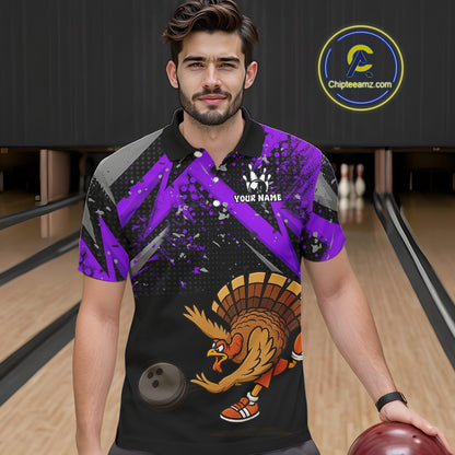 Custom Funny Turkey Bowling Jersey Black and Purple Thanksgiving Bowling Team Men Polo, 1/4 Zip Shirt NQS10901