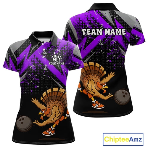 Custom Funny Turkey Bowling Jersey Black & Purple Thanksgiving Bowling Team Women Polo, 1/4 Zip Shirt NQS10901