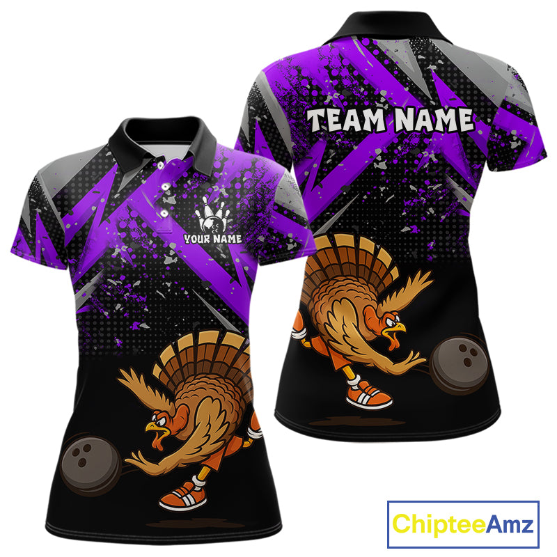 Custom Funny Turkey Bowling Jersey Black & Purple Thanksgiving Bowling Team Women Polo, 1/4 Zip Shirt NQS10901