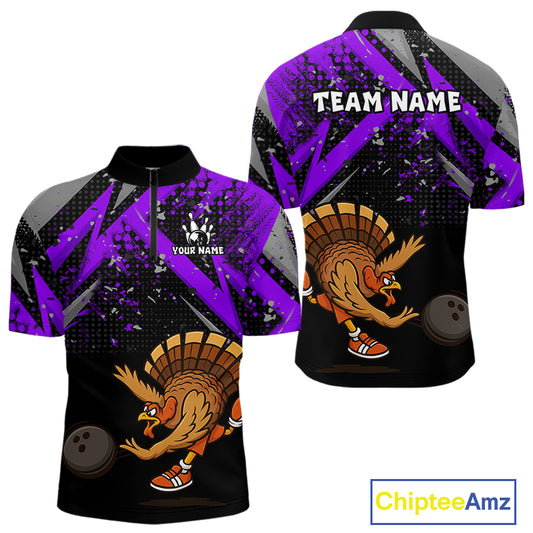 Custom Funny Turkey Bowling Jersey Black and Purple Thanksgiving Bowling Team Men Polo, 1/4 Zip Shirt NQS10901