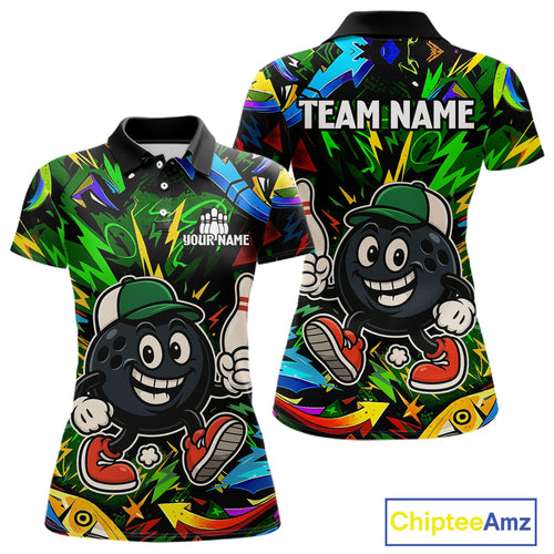 Green graffiti pattern Funny Bowling polo, quarter zip shirts for women custom Bowling team jerseys NQS11079
