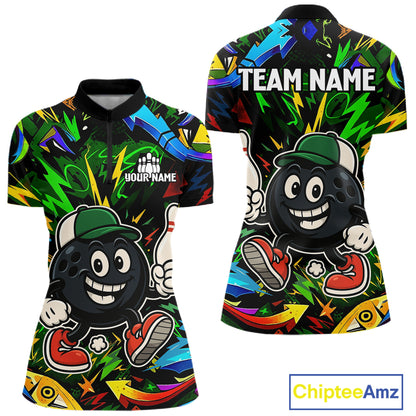 Green graffiti pattern Funny Bowling polo, quarter zip shirts for women custom Bowling team jerseys NQS11079