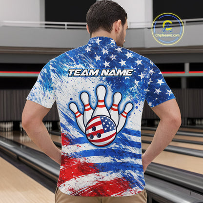 Red, White and Blue American Flag Bowling Shirts For Men Custom patriotic Team Bowling Jerseys NQS11505